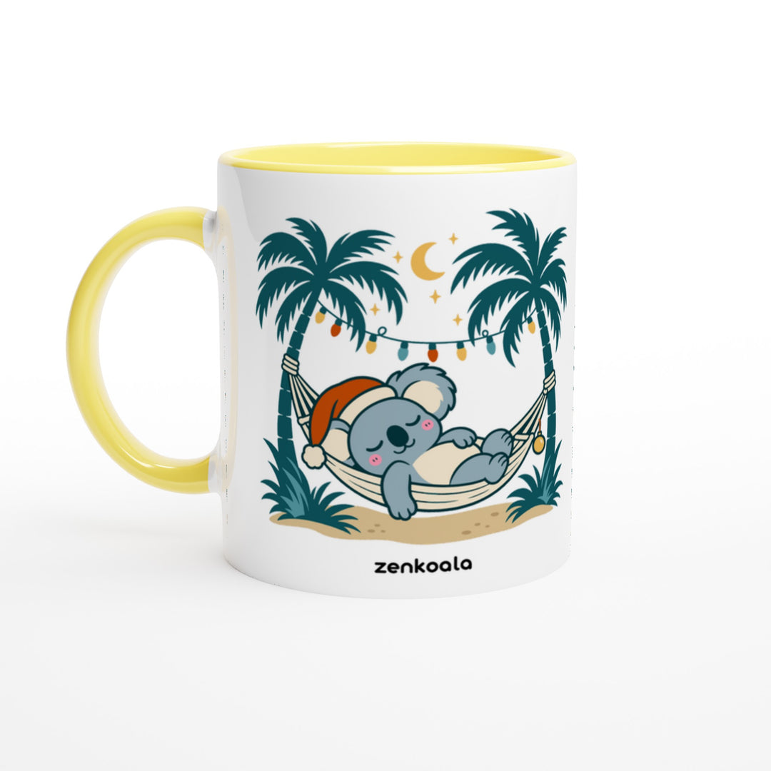 Koala Santa Hammock mug in yellow: white with a yellow rim, inside and handle, Zen Koala Australia