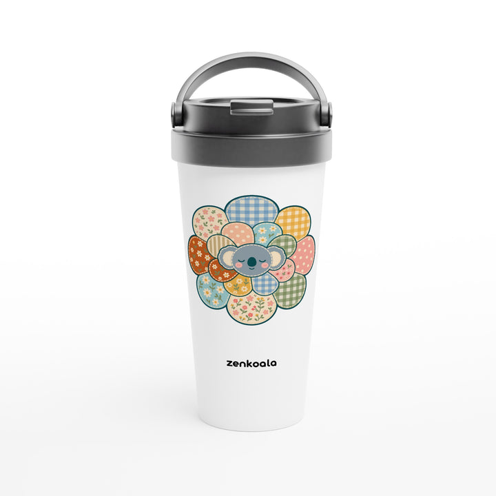 Zen Mandala Flower feel-good travel mug: a faux patchwork flower with a koala at its heart, Zen Koala Australia