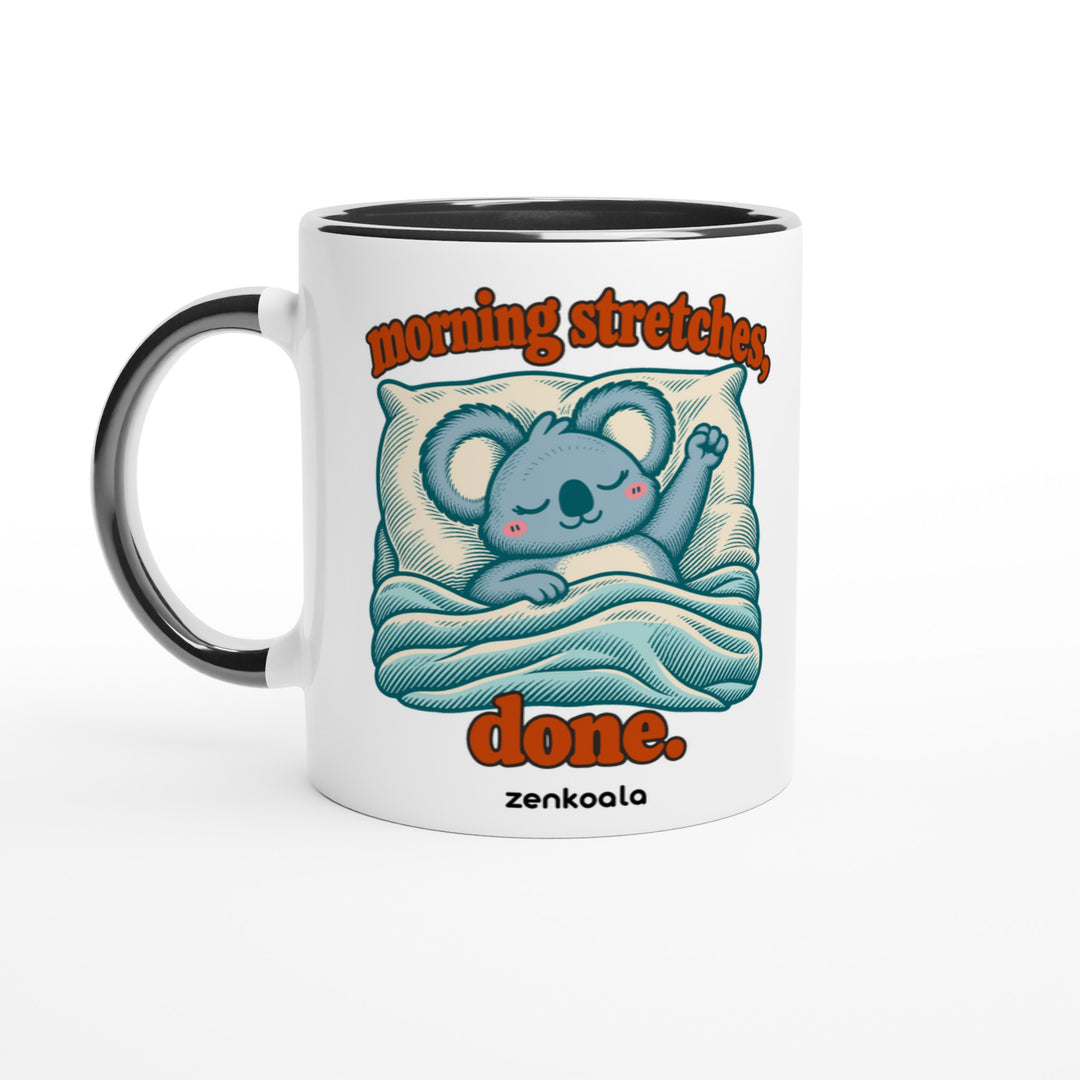 Morning Stretches Done mug in black: white with a black rim, inside and handle, Zen Koala Australia