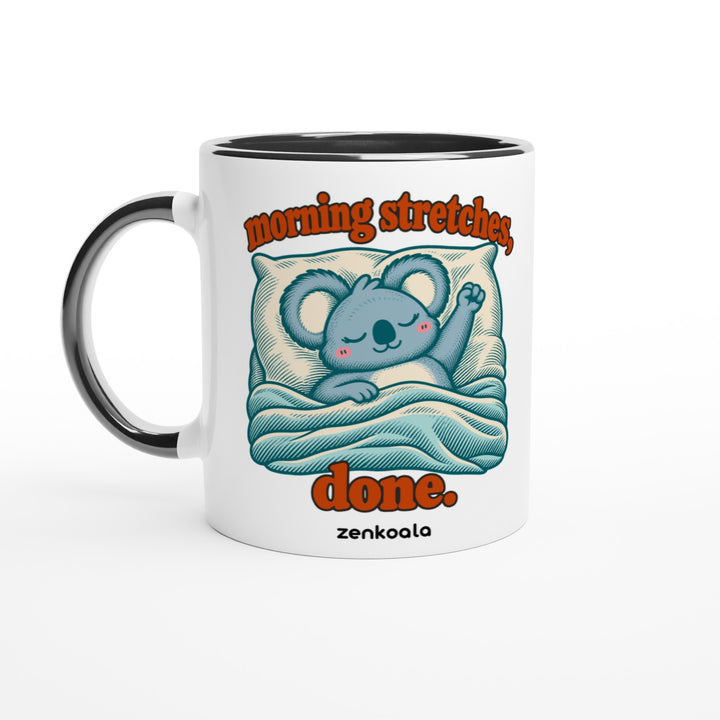 Morning Stretches Done mug in black: white with a black rim, inside and handle, Zen Koala Australia