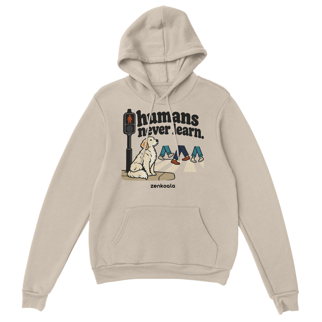 Humans Never Learn feel-good hoodie in sand, Zen Koala Australia