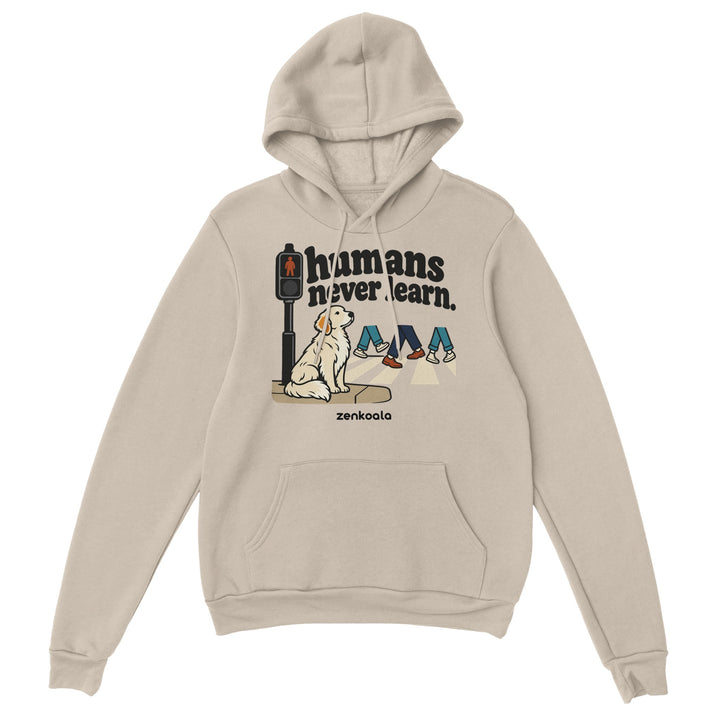 Humans Never Learn feel-good hoodie in sand, Zen Koala Australia
