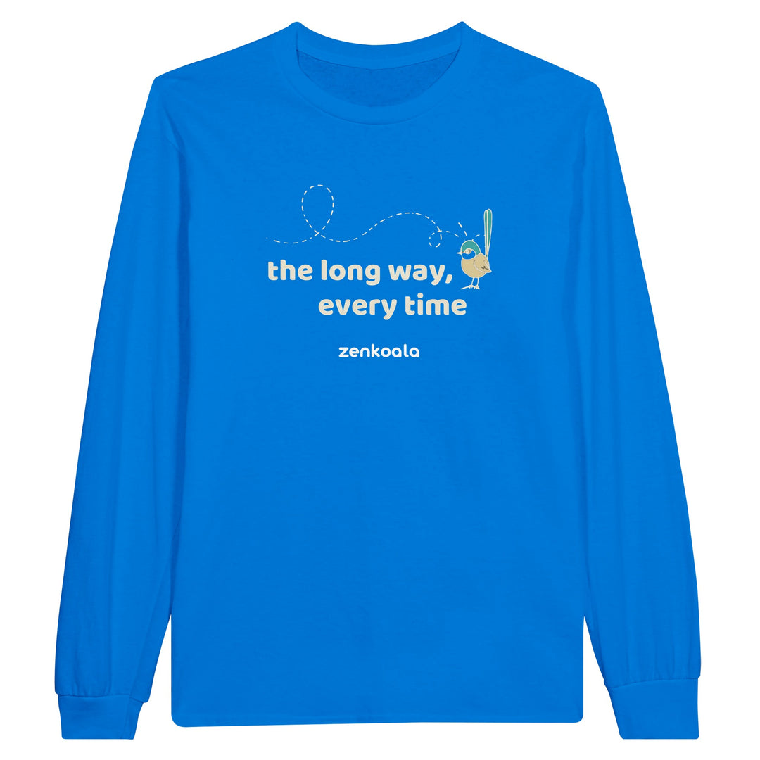 The Long Way Every Time feel-good long sleeve tee in royal, Zen Koala Australia