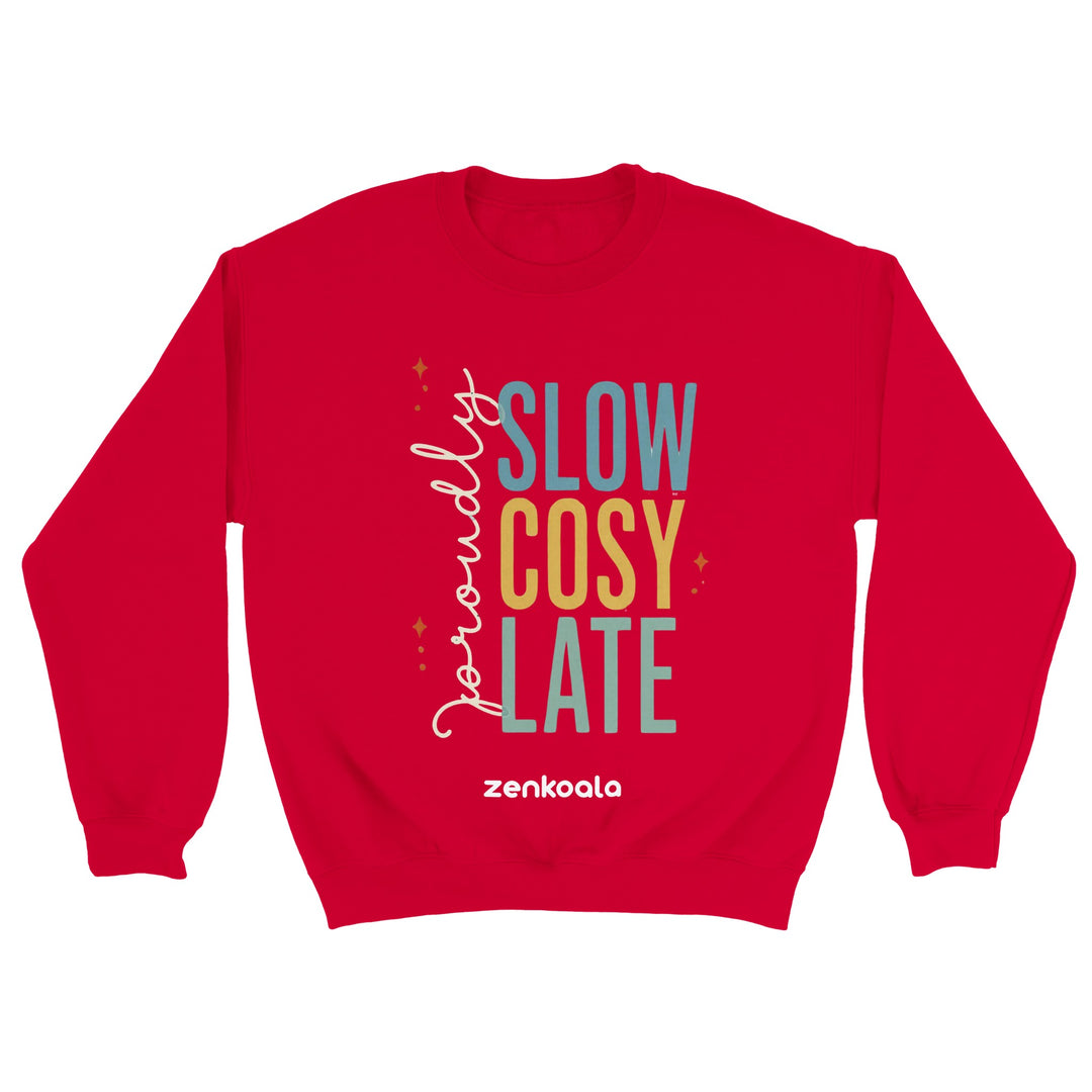 Proudly Slow Cosy Late feel-good sweatshirt in red — Zen Koala Australia