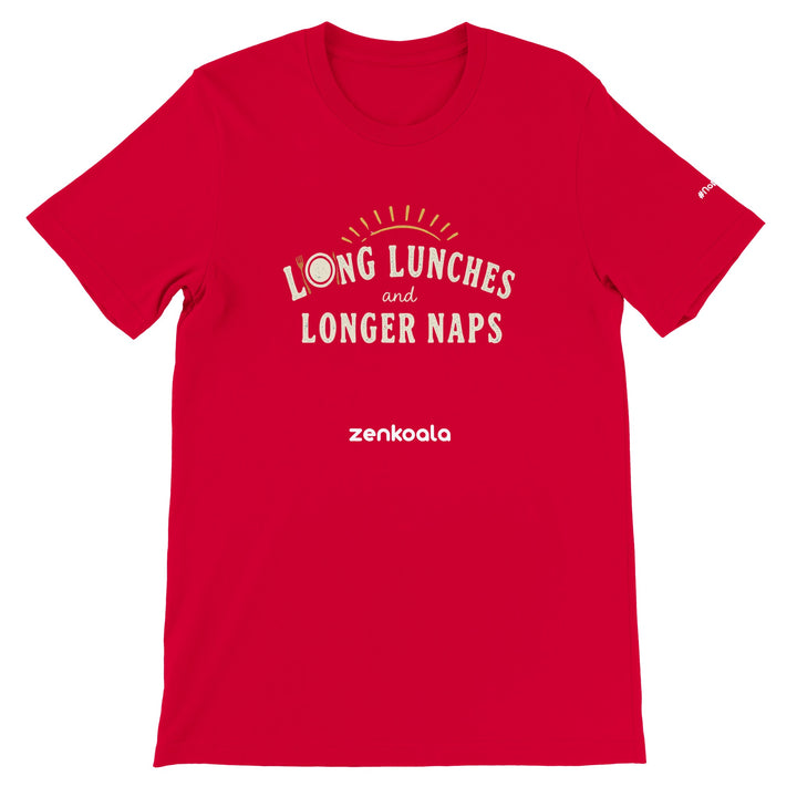Long Lunches and Longer Naps feel-good tee in red — Zen Koala Australia