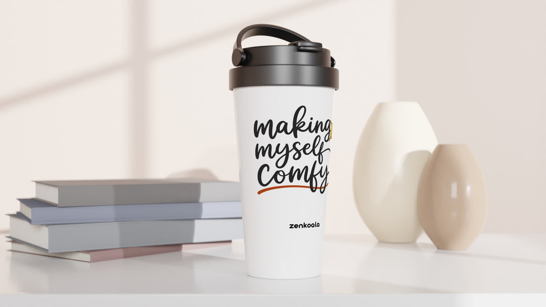 Making Myself Comfy travel mug beside books and vases, Zen Koala Australia