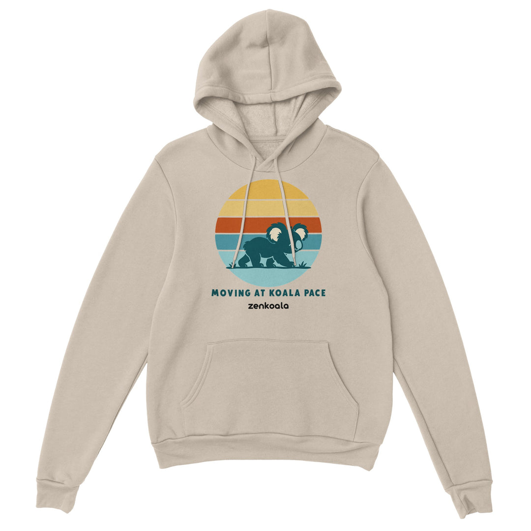 Moving at Koala Pace feel-good hoodie in sand, Zen Koala Australia
