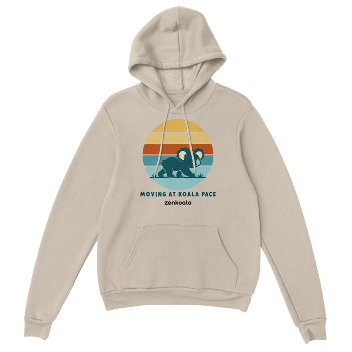 Moving at Koala Pace feel-good hoodie in sand, Zen Koala Australia