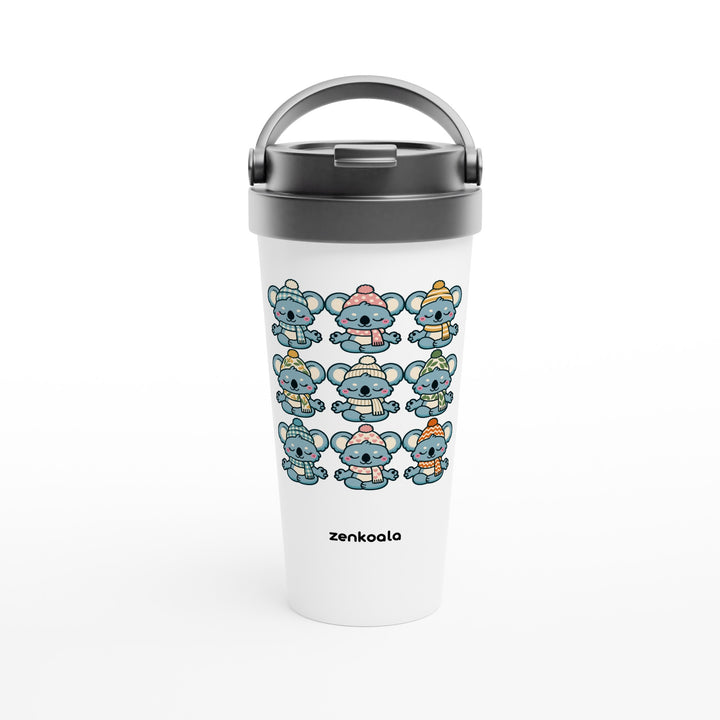 Koala Beanie Club feel-good travel mug: nine koalas in beanies, Zen Koala Australia