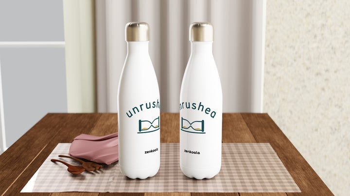 Two Unrushed water bottles on a table, Zen Koala Australia