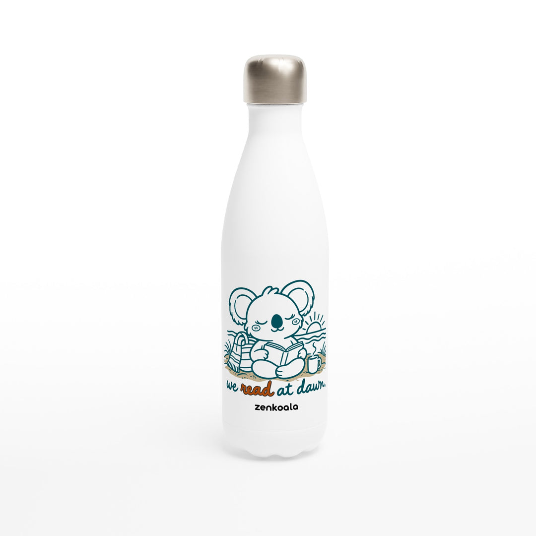We Read at Dawn feel-good water bottle: a koala reading on the beach, Zen Koala Australia