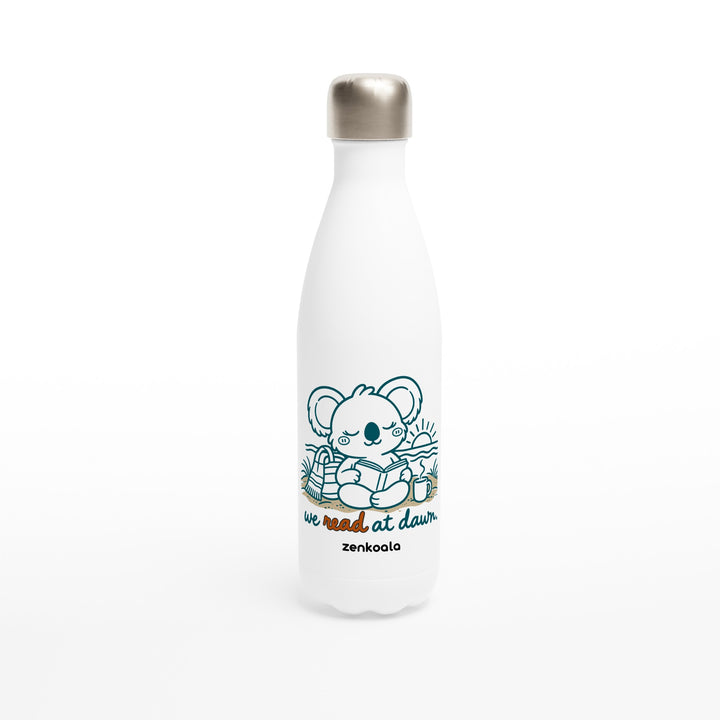 We Read at Dawn feel-good water bottle: a koala reading on the beach, Zen Koala Australia