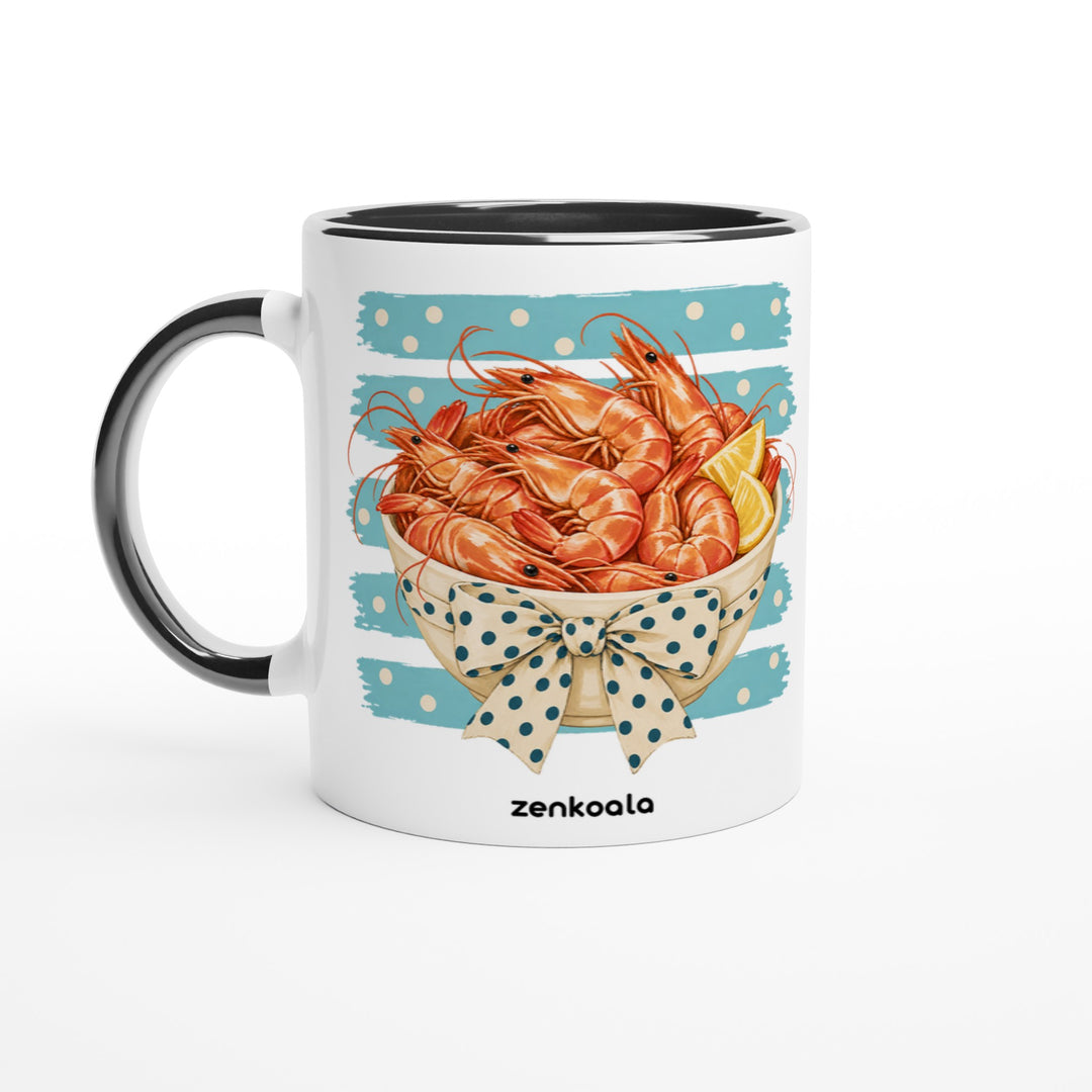 Prawns mug in black: white with a black rim, inside and handle, Zen Koala Australia