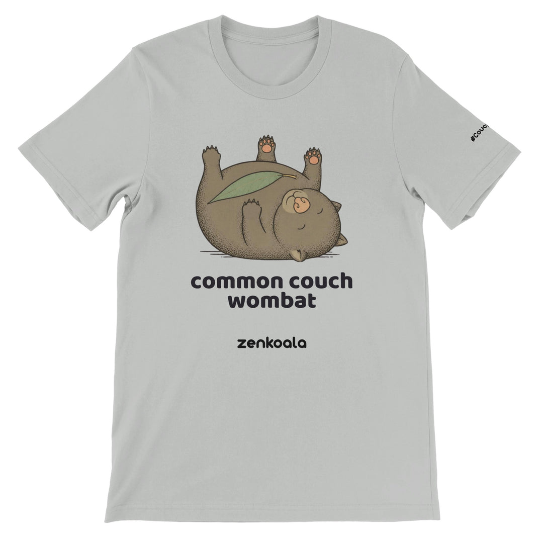 Common Couch Wombat feel-good tee in silver — a wombat flat out on its back with a gum leaf, Zen Koala Australia