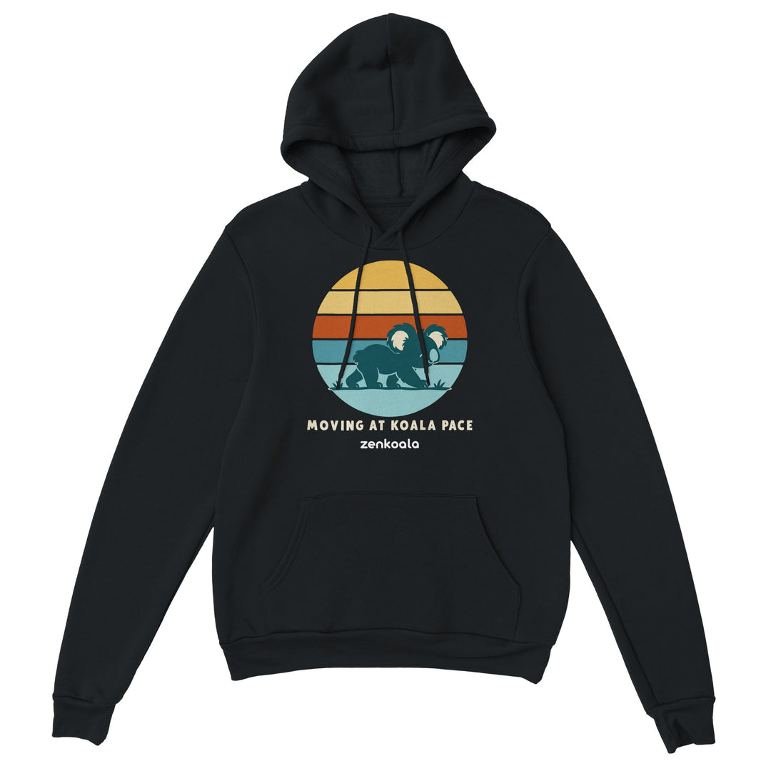Moving at Koala Pace feel-good hoodie in black, Zen Koala Australia
