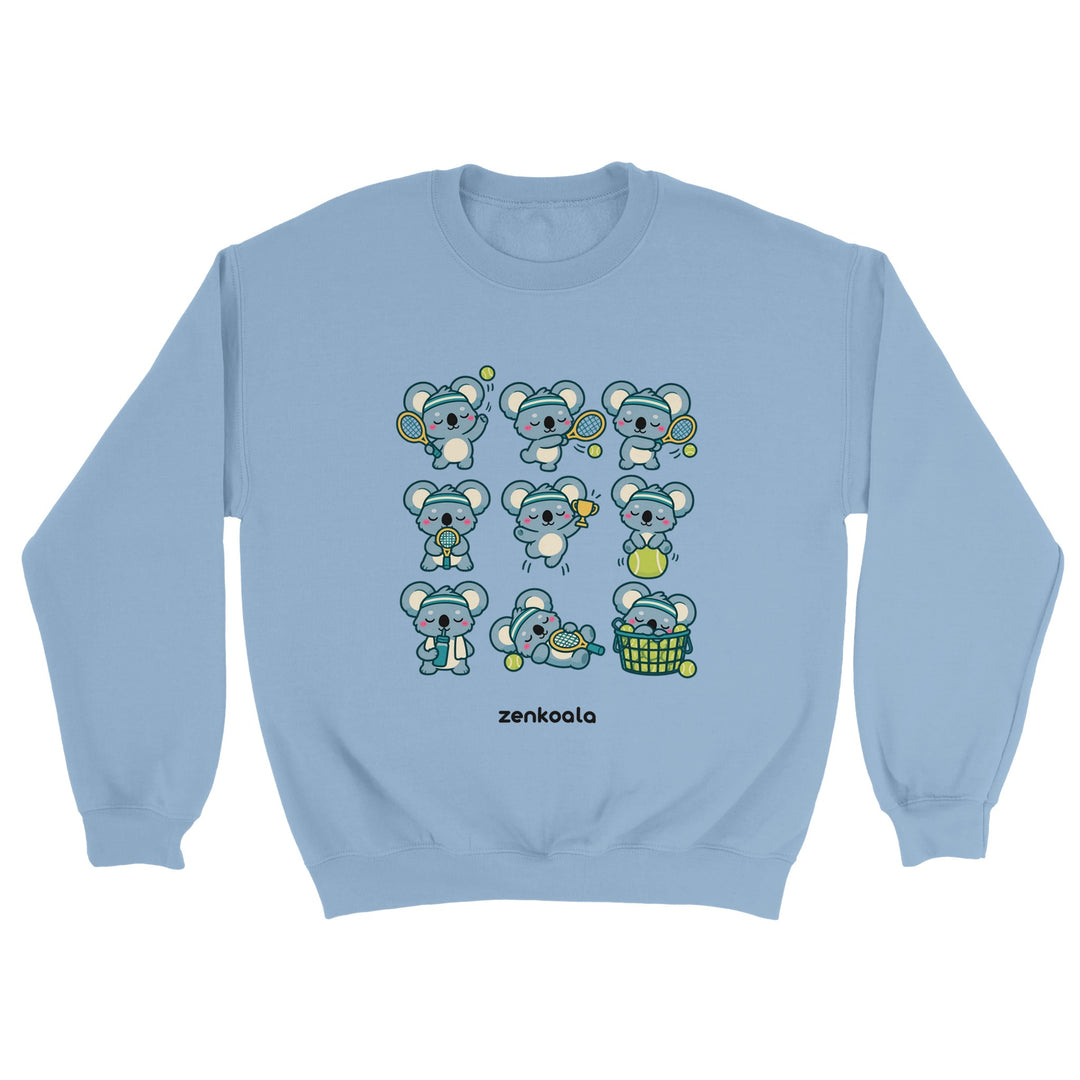 Tennis Koalas feel-good sweatshirt in light blue: nine koalas playing tennis, Zen Koala Australia