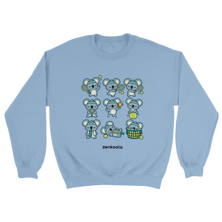 Tennis Koalas feel-good sweatshirt in light blue: nine koalas playing tennis, Zen Koala Australia