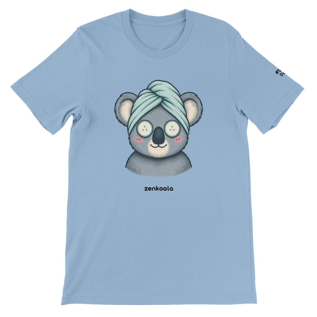 Koala Spa Day feel-good tee in light blue, Zen Koala Australia