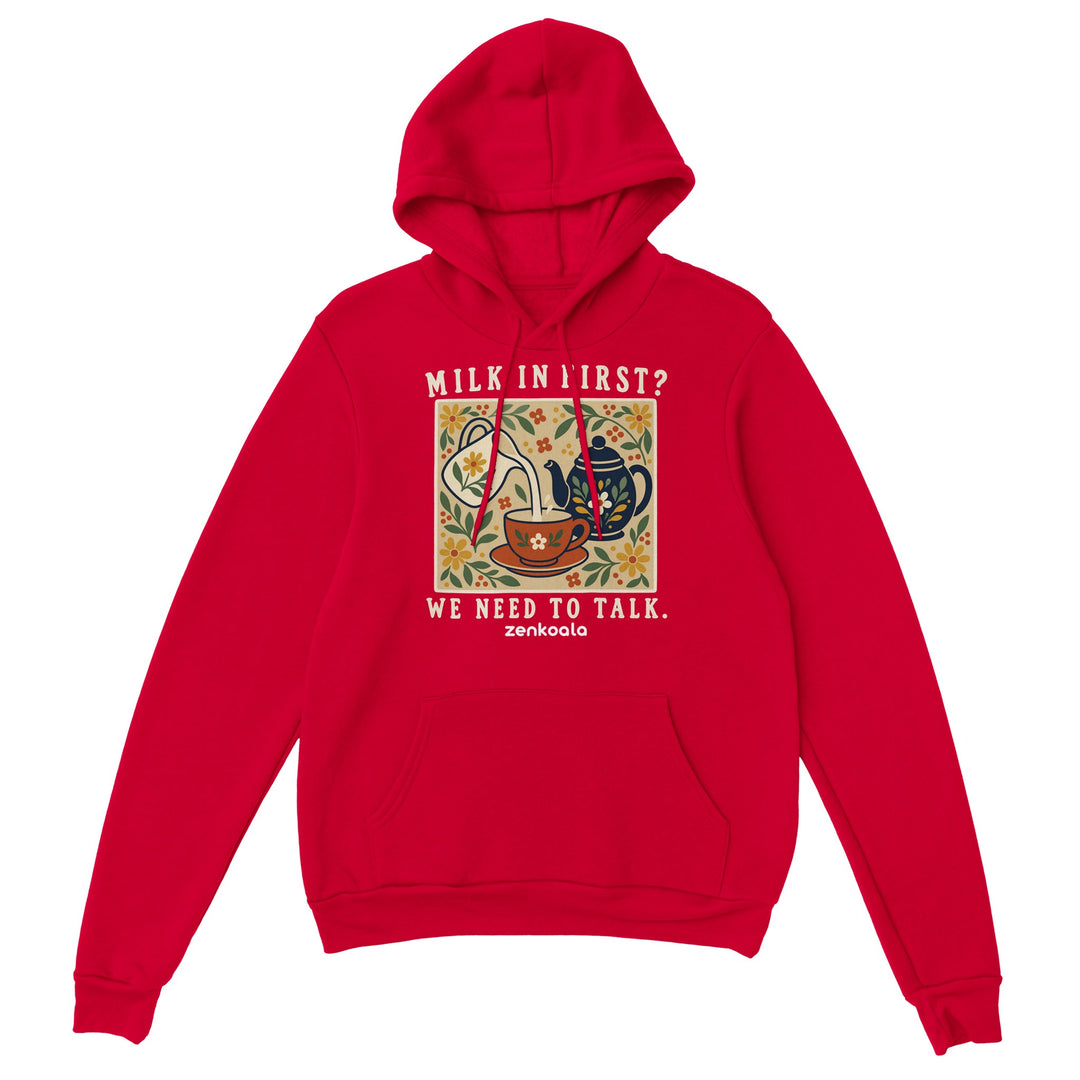 Milk in First feel-good hoodie in red, Zen Koala Australia