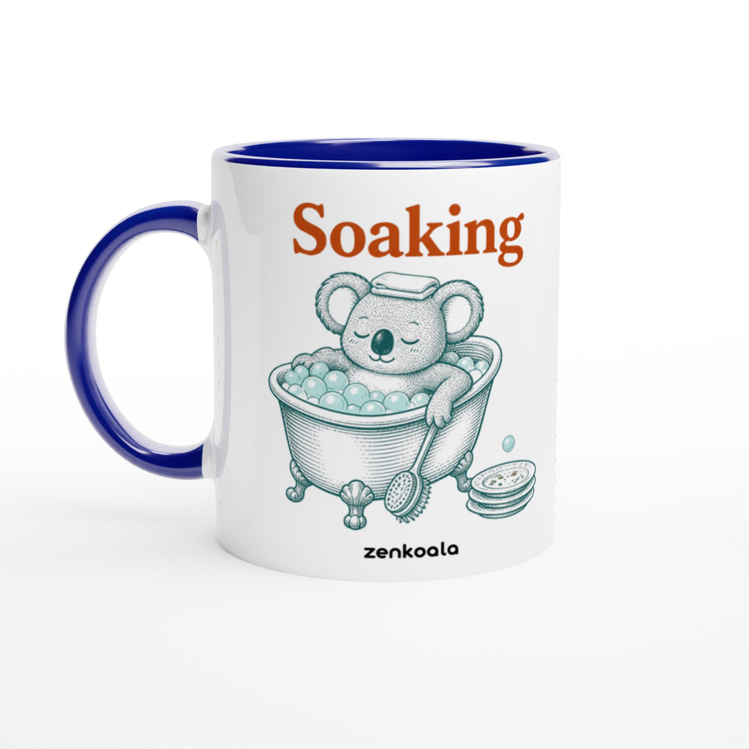 Soaking Koala Bath mug in blue: white with a blue rim, inside and handle, Zen Koala Australia