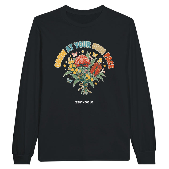 Grow at Your Own Pace feel-good long sleeve tee in black, Zen Koala Australia