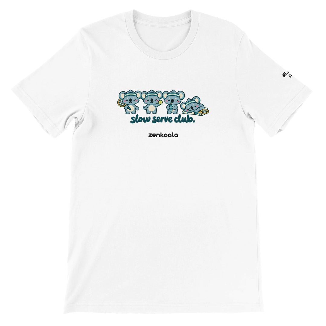 Slow Serve Club feel-good tee in white: four koalas playing tennis slowly, Zen Koala Australia