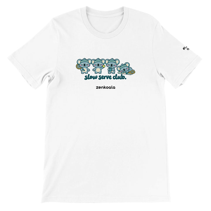 Slow Serve Club feel-good tee in white: four koalas playing tennis slowly, Zen Koala Australia