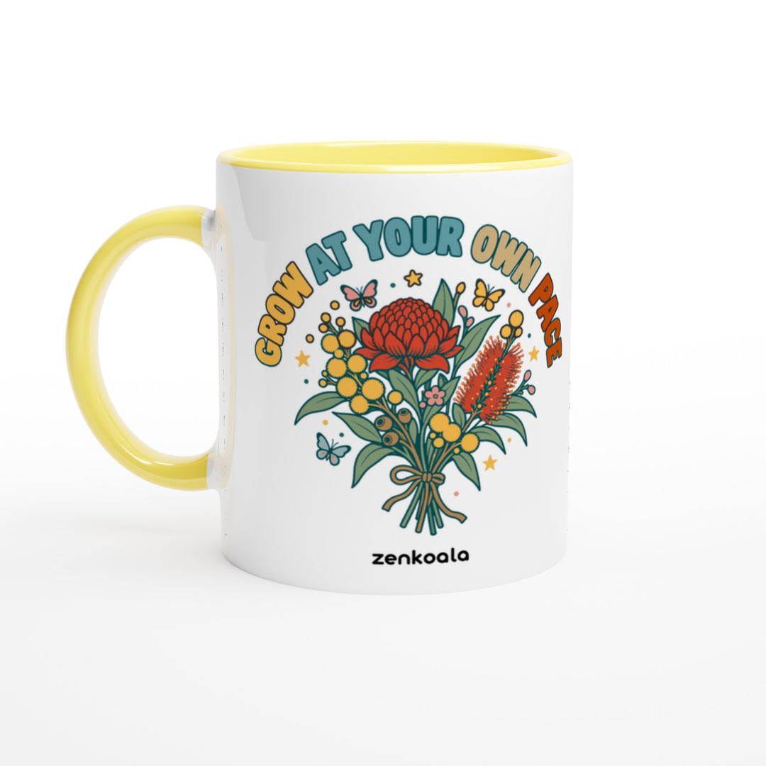 Grow at Your Own Pace mug in yellow: white with a yellow rim, inside and handle, Zen Koala Australia