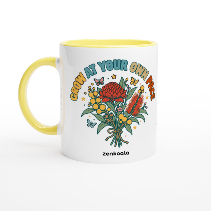 Grow at Your Own Pace mug in yellow: white with a yellow rim, inside and handle, Zen Koala Australia