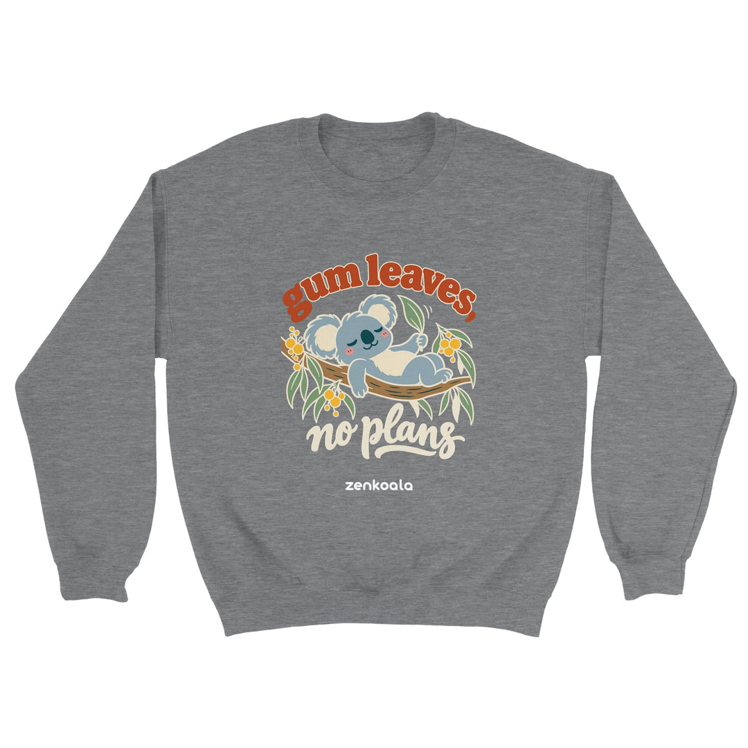 Gum Leaves No Plans feel-good sweatshirt in sport grey, Zen Koala Australia