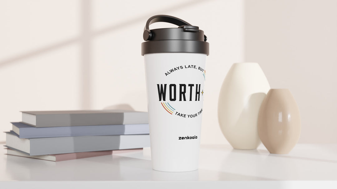Always Late But Worth It travel mug beside books and vases, Zen Koala Australia