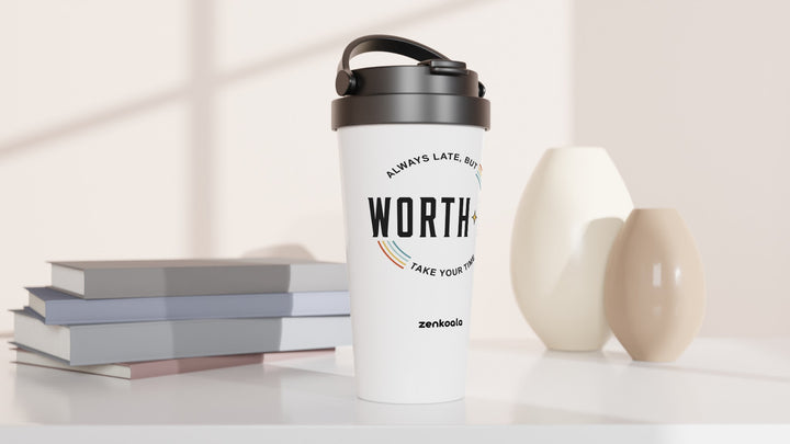 Always Late But Worth It travel mug beside books and vases, Zen Koala Australia
