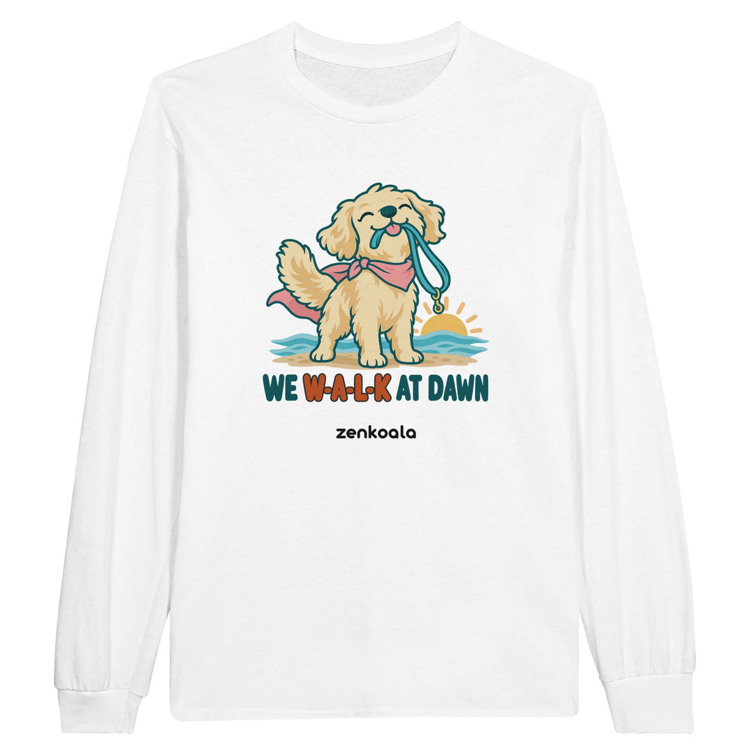 We Walk at Dawn feel-good long sleeve tee in white, Zen Koala Australia