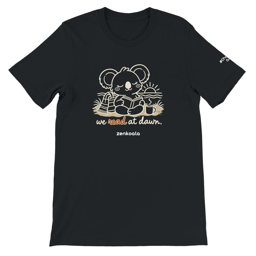 We Read at Dawn feel-good tee in black, Zen Koala Australia