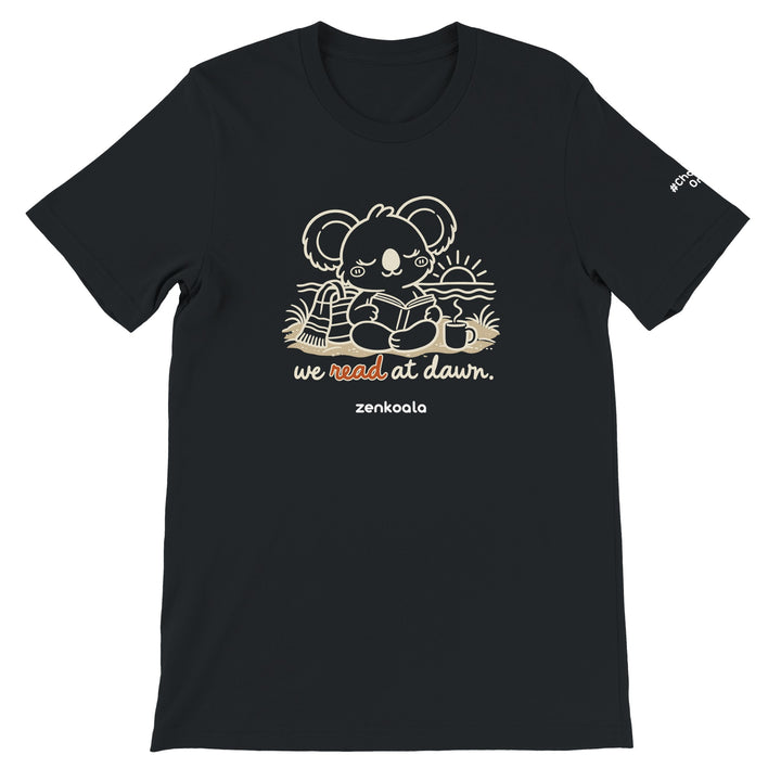 We Read at Dawn feel-good tee in black, Zen Koala Australia