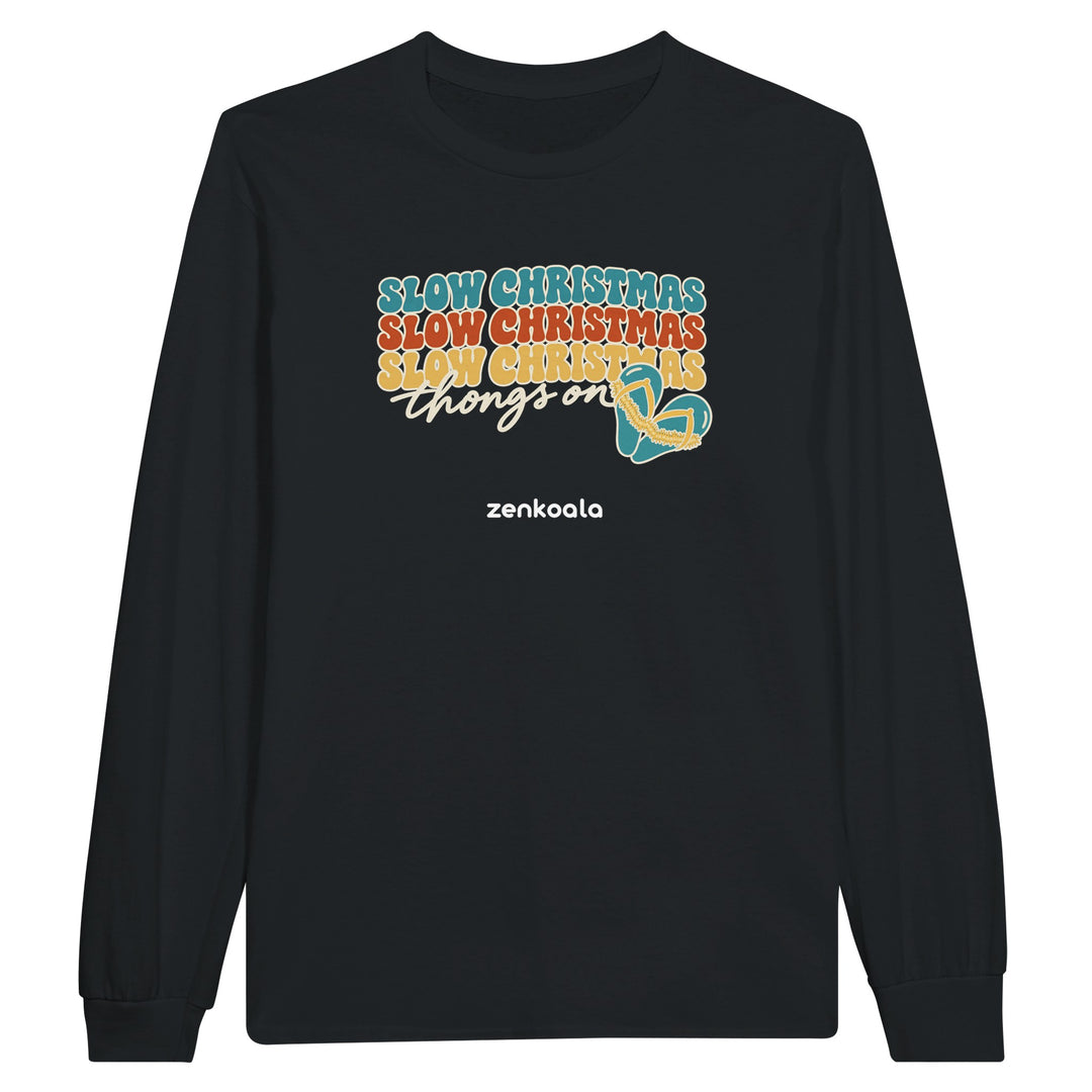 Slow Christmas Thongs On feel-good long sleeve tee in black: retro Christmas lettering with a heart of thongs, Zen Koala Australia