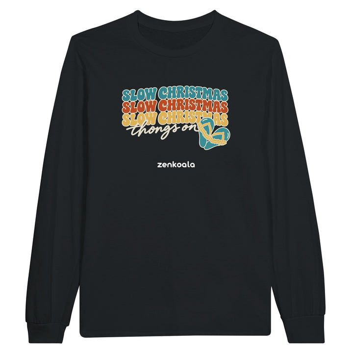 Slow Christmas Thongs On feel-good long sleeve tee in black: retro Christmas lettering with a heart of thongs, Zen Koala Australia