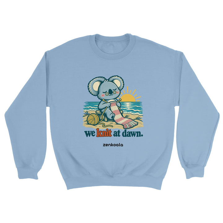 We Knit at Dawn feel-good sweatshirt in light blue, Zen Koala Australia
