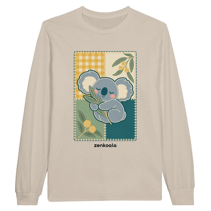 Koala Quilt feel-good long sleeve tee in sand: a sleeping koala on a quilt block, Zen Koala Australia