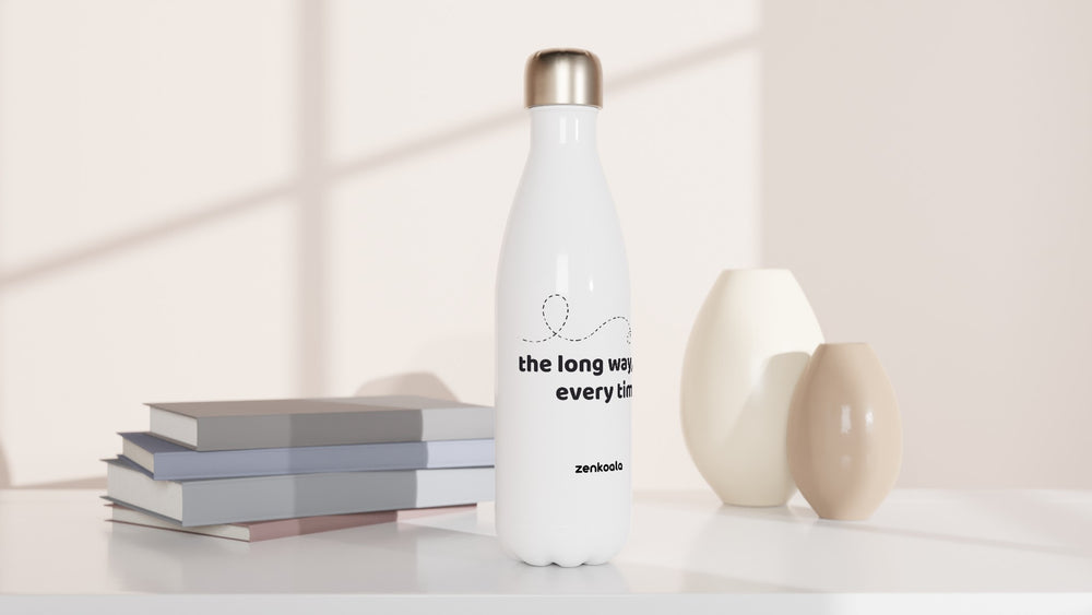 The Long Way Every Time water bottle beside books and vases, Zen Koala Australia