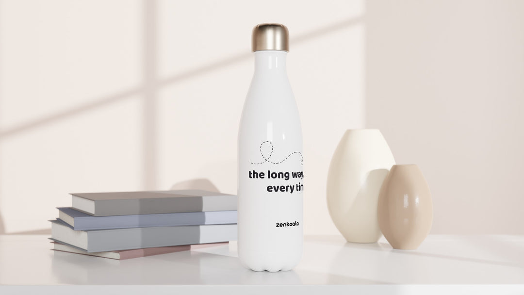 The Long Way Every Time water bottle beside books and vases, Zen Koala Australia
