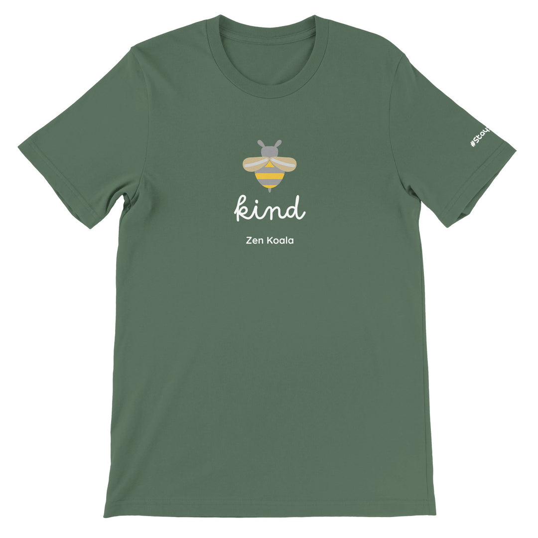 Bee Kind feel-good t-shirt in military green — Zen Koala Australia