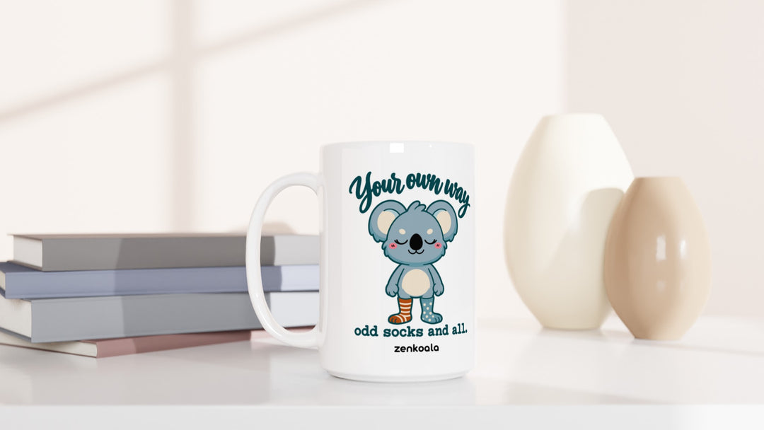 Your Own Way 15oz mug beside books and vases, Zen Koala Australia