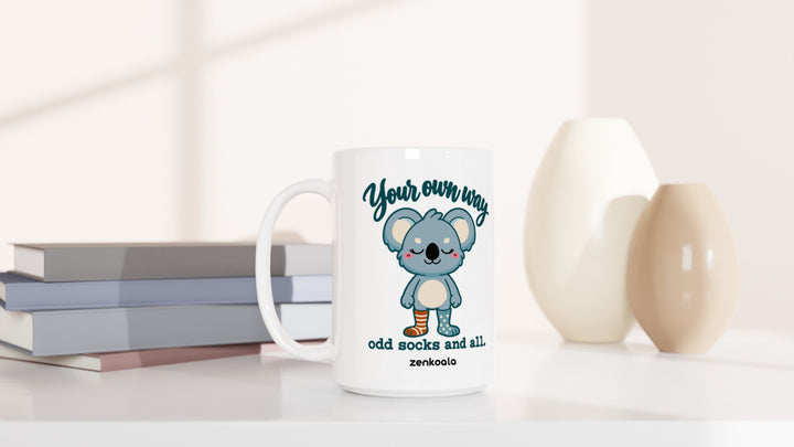 Your Own Way 15oz mug beside books and vases, Zen Koala Australia
