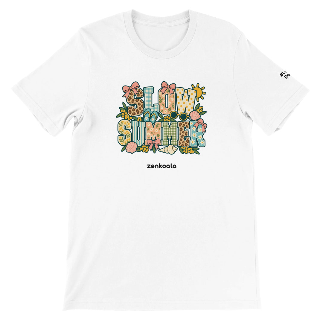 Slow Summer feel-good tee in white, Zen Koala Australia
