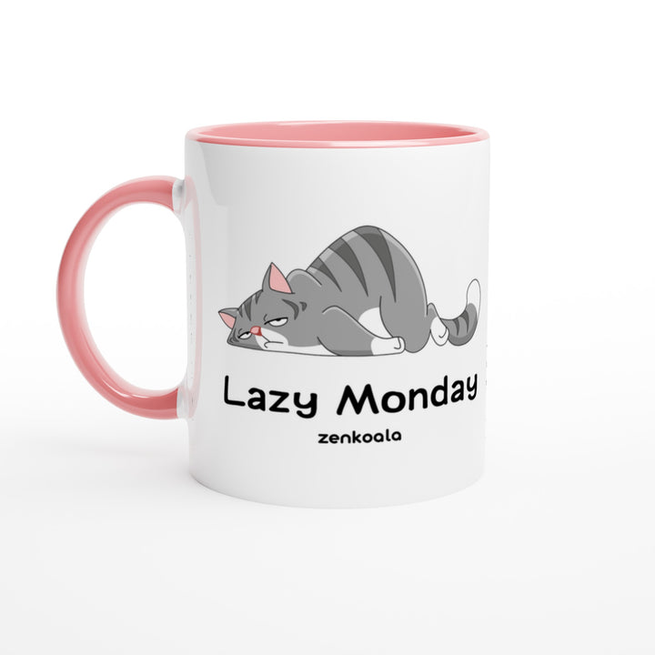 Lazy Monday mug in pink: white with a pink rim, inside and handle, Zen Koala Australia