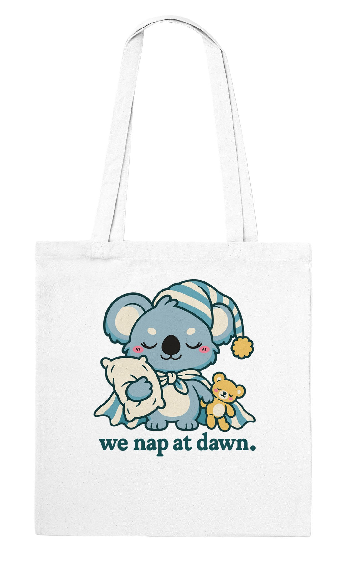 We Nap at Dawn feel-good tote bag in white, Zen Koala Australia
