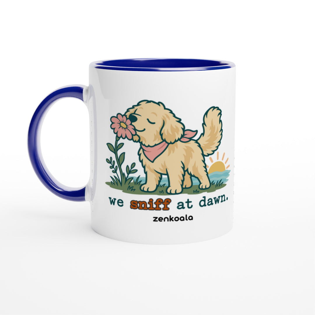 We Sniff at Dawn mug in blue: white with a blue rim, inside and handle, Zen Koala Australia