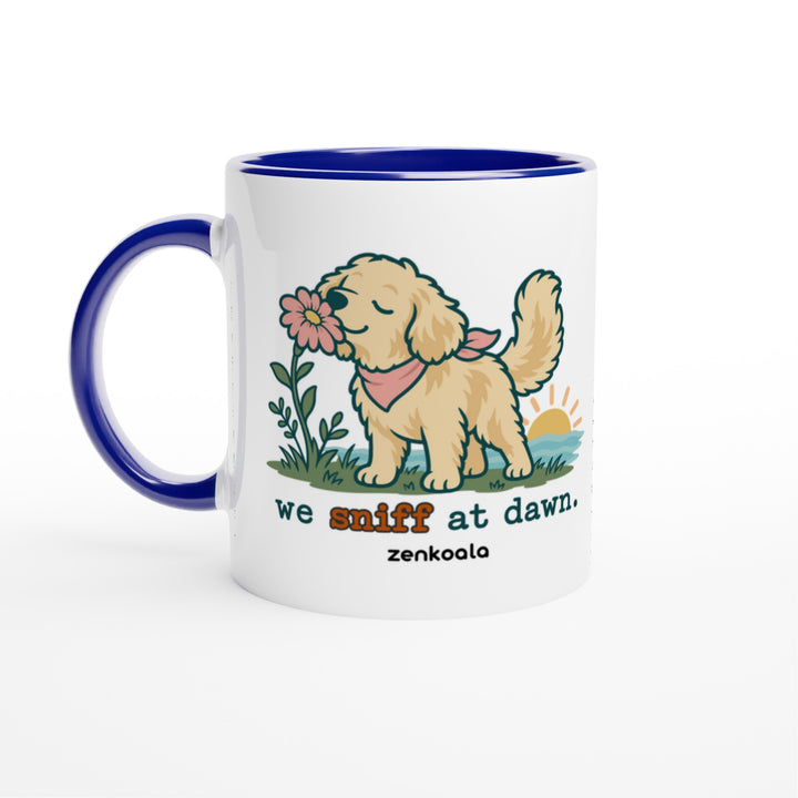 We Sniff at Dawn mug in blue: white with a blue rim, inside and handle, Zen Koala Australia