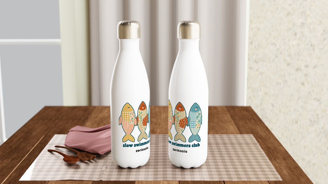 Two Slow Swimmers Club water bottles on a table, Zen Koala Australia